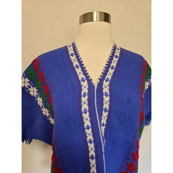 Vintage 60s 70s Artisan Hand Knit Southwestern Argentinian Poncho Bohemian Blue - Picture 5 of 9